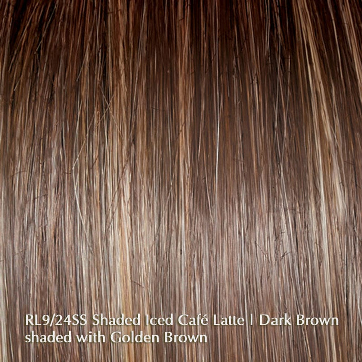 Top Billing 18" Topper by Raquel Welch | Heat Friendly Synthetic |  Lace Front Hair Topper (Mono Top) Raquel Welch Hair Toppers RL9/24SS Iced Cafe Latte | Dark Brown shaded with Golden Brown / Front: 18" | Side: 18" | Back: 18" | Crown: 18" | Nape: 18" / 7" x 7 1/2"