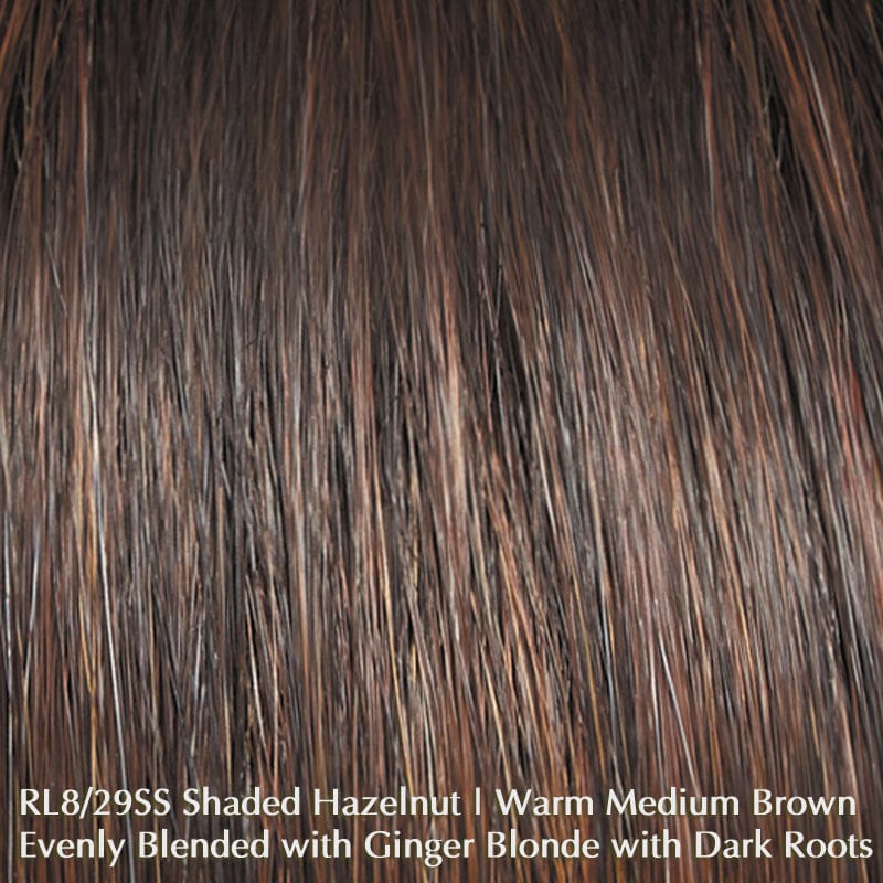 Top Billing Wavy 14" Topper by Raquel Welch | Heat Friendly (Mono Top) Raquel Welch Hair Toppers RL8/29SS Shaded Hazelnut | Warm Medium Brown evenly Blended w/ Ginger Blonde w/ Dark Roots / Front: 14" | Side: 14" | Back: 14" | Crown: 14" | Nape: 14" / 7" x 7 1/2"