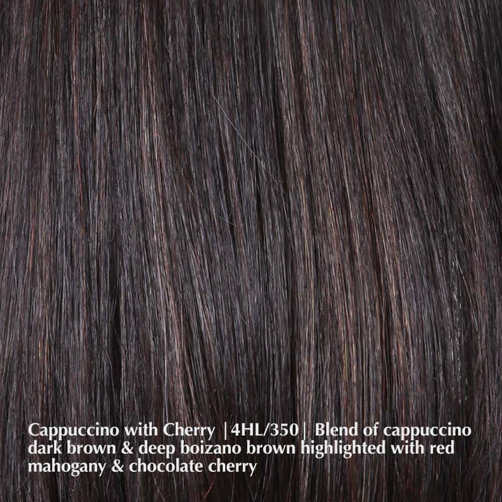 Twix Wig by BelleTress | Heat Friendly Synthetic | Mono Part Belle Tress Heat Friendly Synthetic Cappuccino with Cherry 4HL/350 | Blend of Cappuccino Dark Brown & Deep Boizano Brown highlighted w/ Red Mahogany and Chocolate Cherry / Side: 13"-14" | Nape: 9.5" | Overall: 17.5" / Average