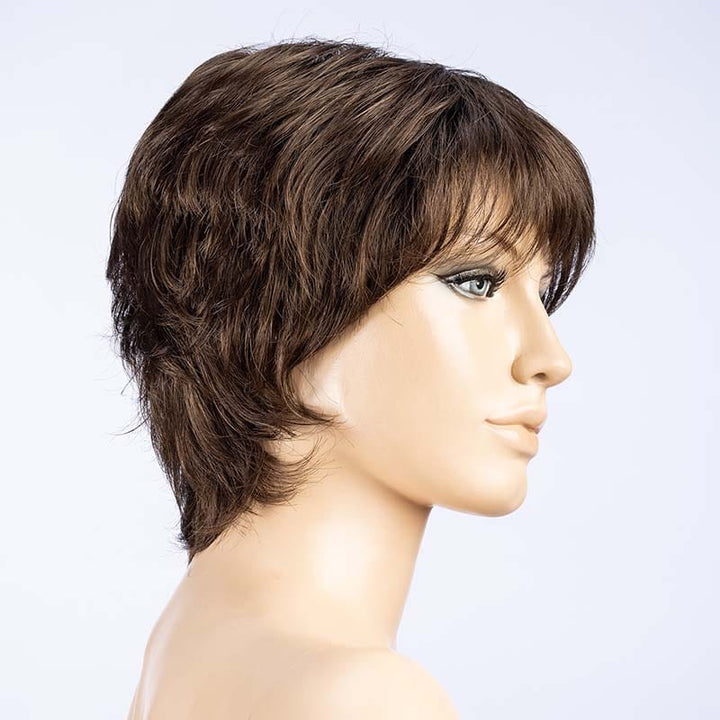 Vanity Wig by Ellen Wille | Synthetic Lace Front Wig | Double Mono Top Ellen Wille Synthetic DARK CHOCOLATE ROOTED 6.4 | Warm Medium Brown Dark Auburn and Dark Brown Blended with a Darker Root / Front: 3.5” | Crown: 4" | Sides: 3" | Nape: 3.5" / Petite / Average