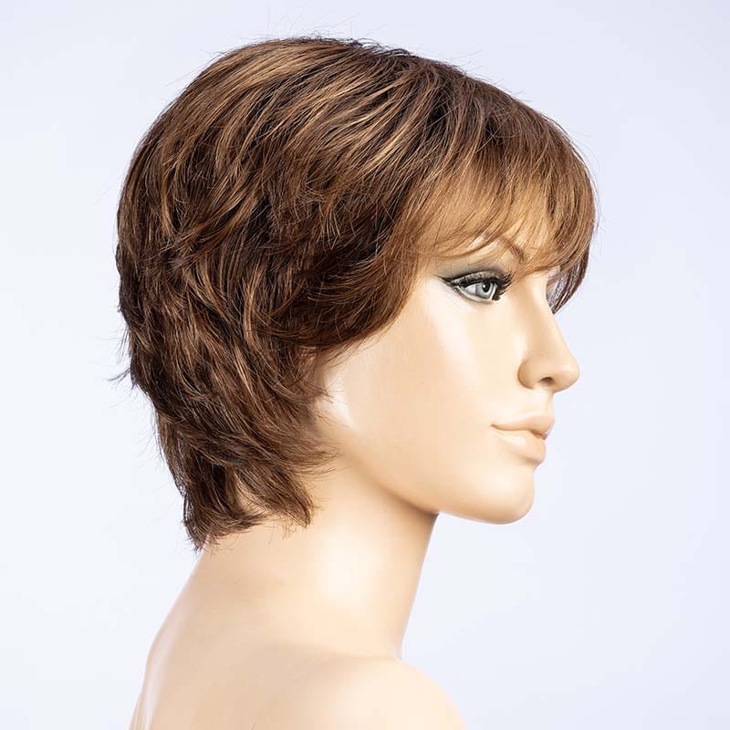 Vanity Wig by Ellen Wille | Synthetic Lace Front Wig | Double Mono Top Ellen Wille Synthetic MOCCA ROOTED 830.12 | Medium Brown Light Brown and Light Auburn Blend with Dark Roots / Front: 3.5” | Crown: 4" | Sides: 3" | Nape: 3.5" / Petite / Average